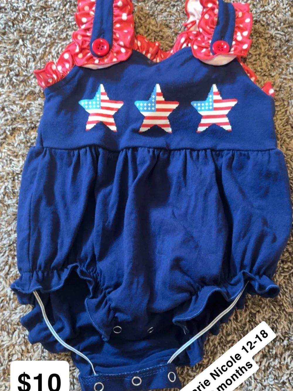 Toddler Blue Star Print Romper with Red Polka Trim